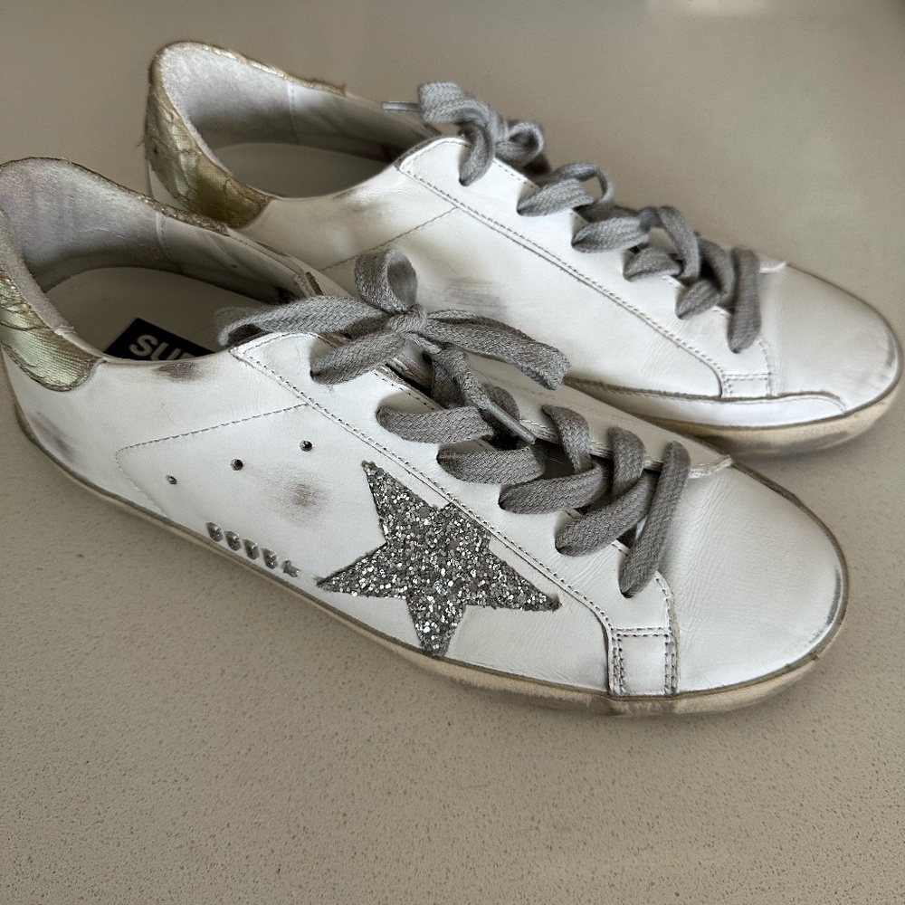 Golden Goose Super-Star silver glitter star/glossy gold leather heel tab 37